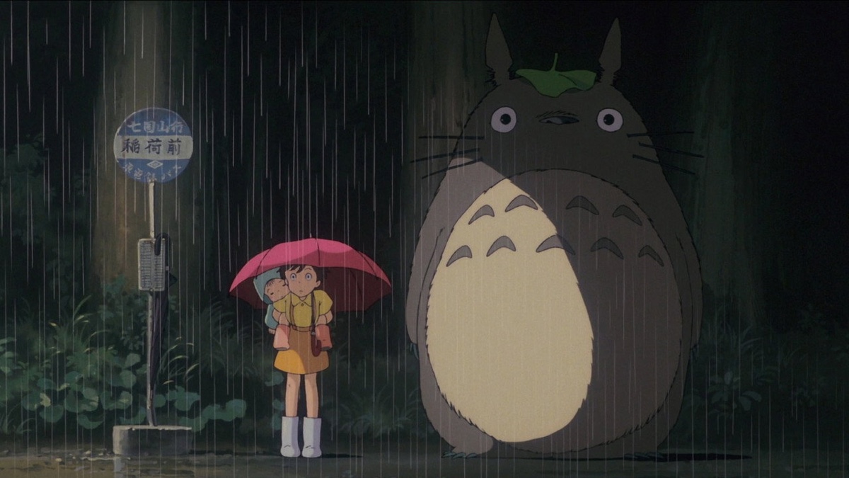 となりのトトロ 雨のバス停で並んで待つサツキとトトロ